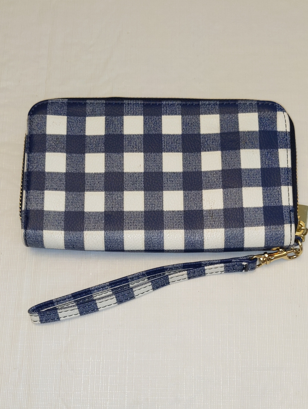 Blue Gingham Wristlet Wallet Navy White Full Gold Zip NWOT Women's Clutch